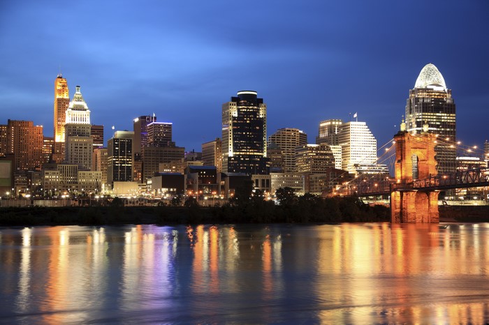 Cincinnati Skyline and Suspension Bridge at Night