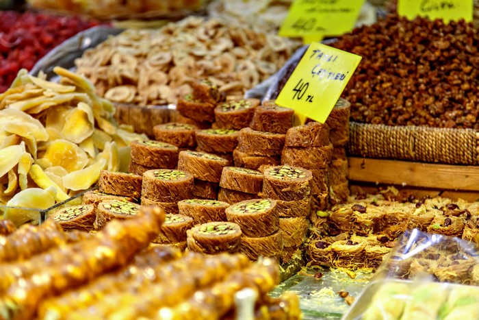 Turkish sweets and dried fruits at a market stall