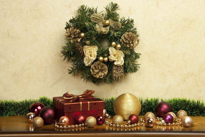 Christmas wreath with gifts and ornaments