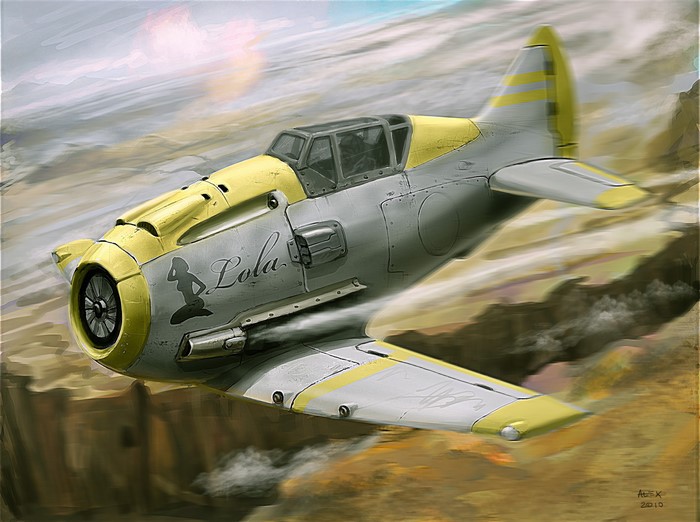 Fighter airplane 'Lola' flying over a canyon