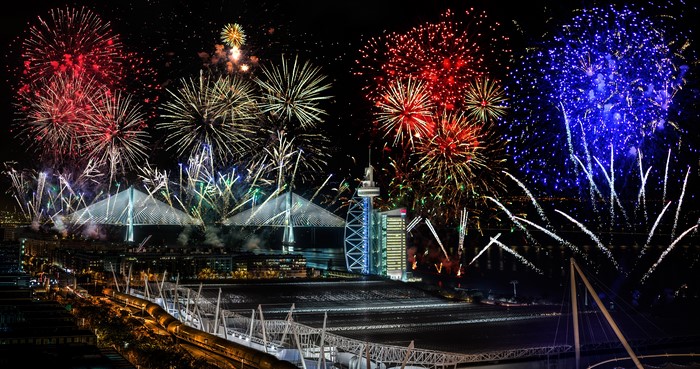 4K Lisbon Vasco da Gama Bridge Fireworks Portugal