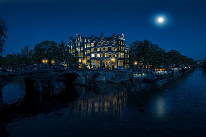 Amsterdam Canal at Night with Moon