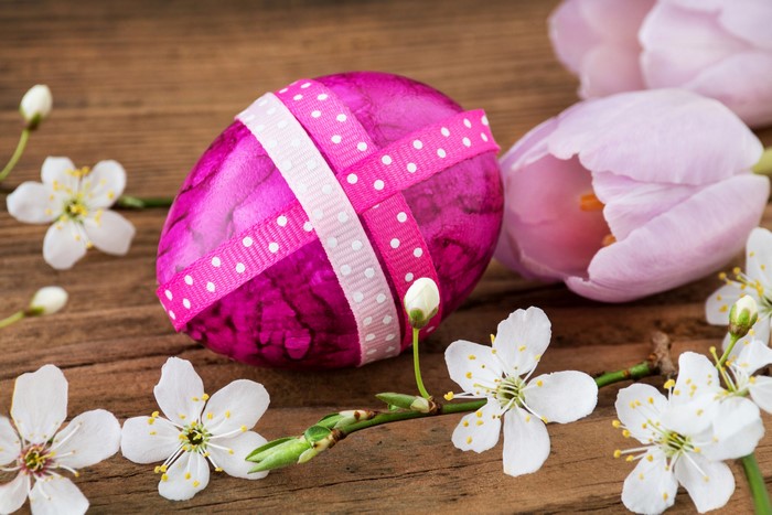 Easter egg with tulips and branches