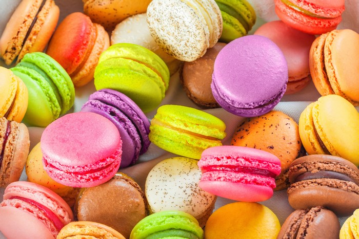 Many colorful macarons