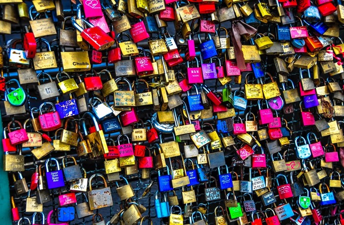 Wall of colorful love padlocks