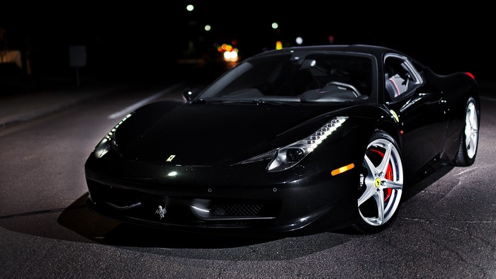 Black Ferrari 458 Italia at Night