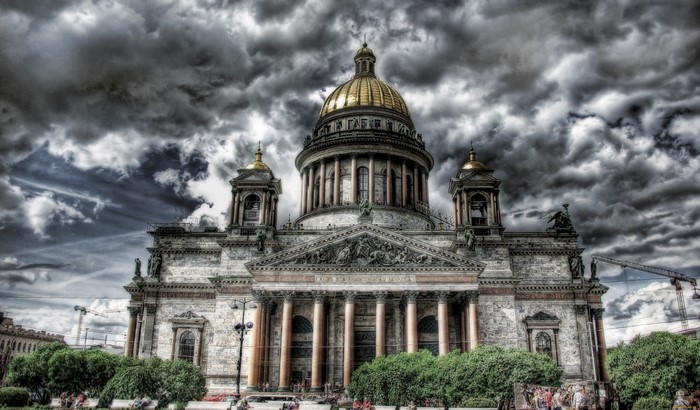 Saint Isaac's Cathedral in St. Petersburg, Russia under dramatic clouds