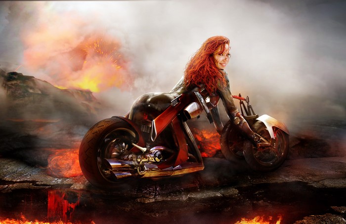 Bianca Beauchamp on a motorcycle in a volcanic landscape