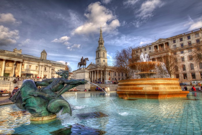 Trafalgar Square fountains and St Martin-in-the-Fields church, London
