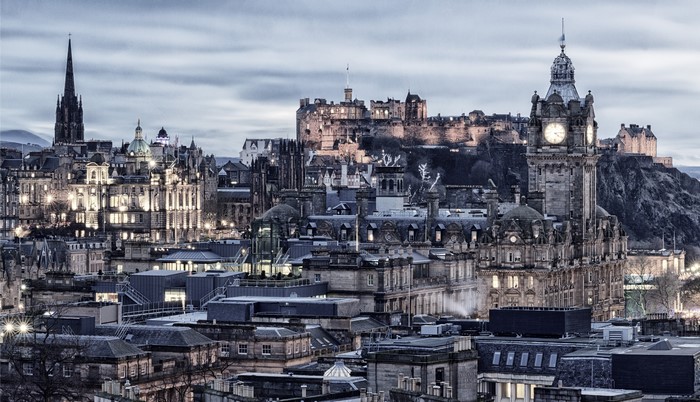 4K Edinburgh Scotland Cityscape with Castle and Clock Tower