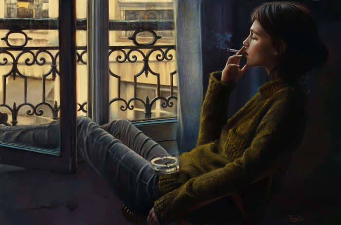 Painting Art of a Brunette Girl Smoking by the Window