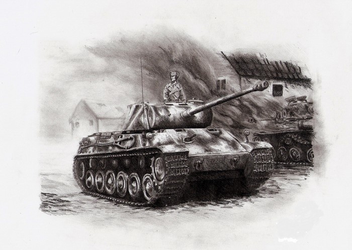 Pencil drawing of tanks in a village with smoke