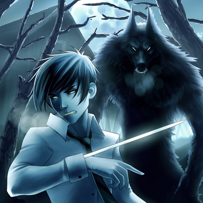 Young man and werewolf in a moonlit forest