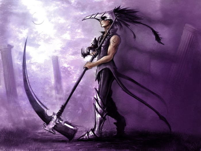Young man with scythe and mask