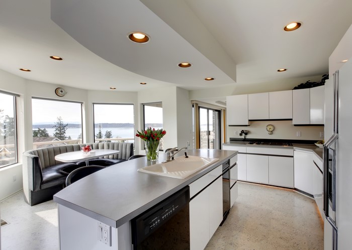 Modern kitchen with island and bay window seating