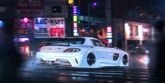 White Mercedes-Benz SLS AMG driving at night