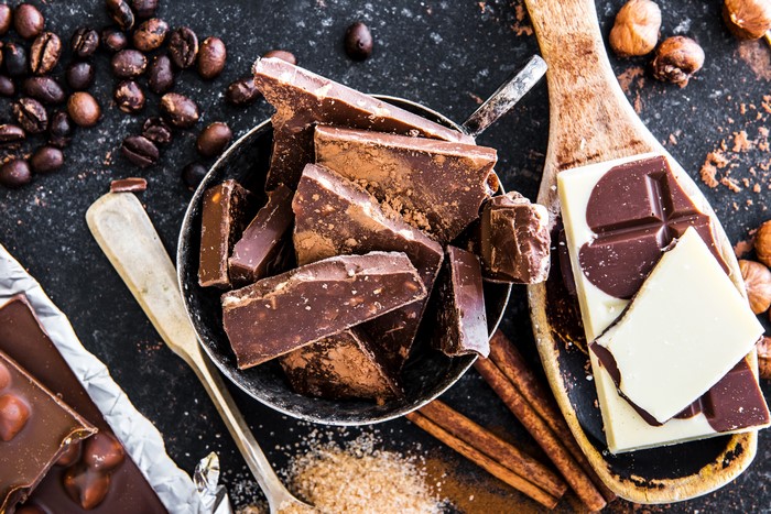 Chocolate, Coffee Beans, Cinnamon Sticks, and Hazelnuts