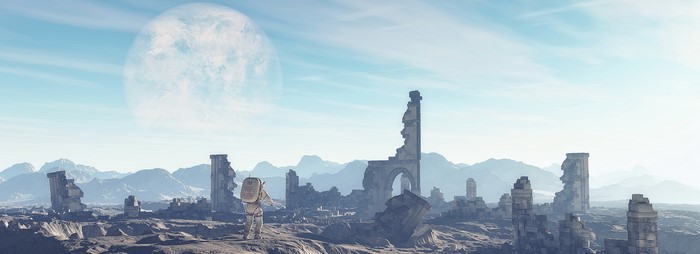 Astronaut exploring alien ruins with large moon