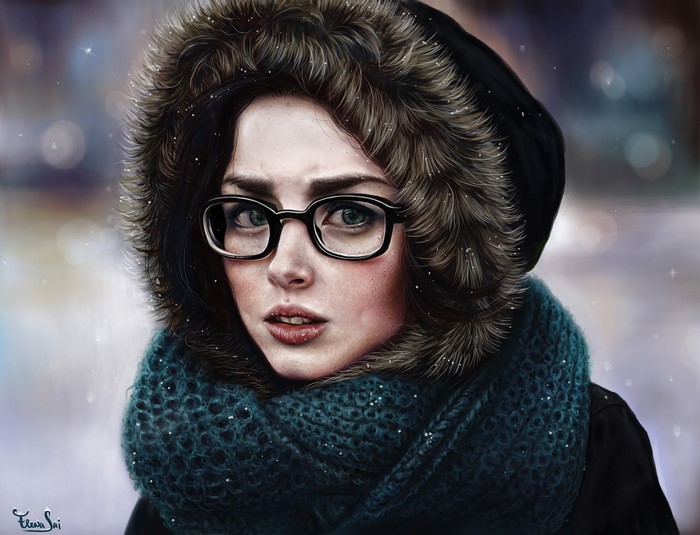 Painting Art of a woman with glasses in winter