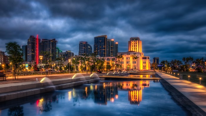 San Diego skyline with fountains at night