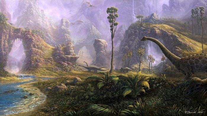 Prehistoric landscape with dinosaurs and pterodactyls