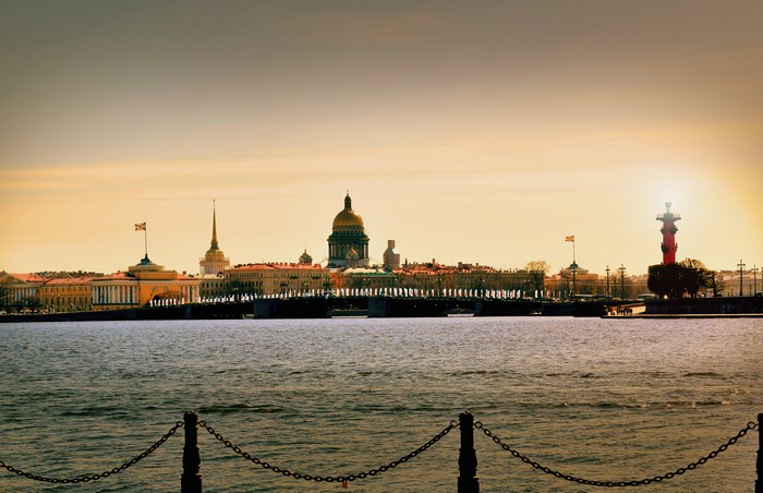 St. Petersburg skyline with Neva River at sunset