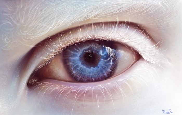 Close-up painting of a blue eye with white eyelashes