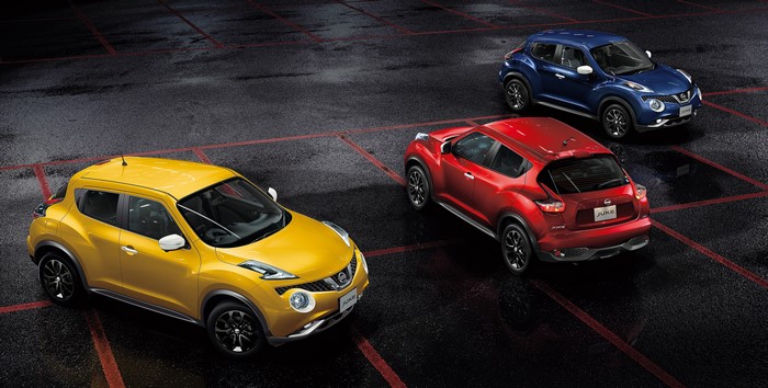 Three Nissan Juke cars in a parking lot