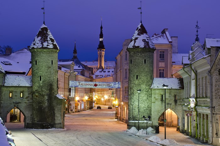 Tallinn Old Town Towers and Street at Night in Winter