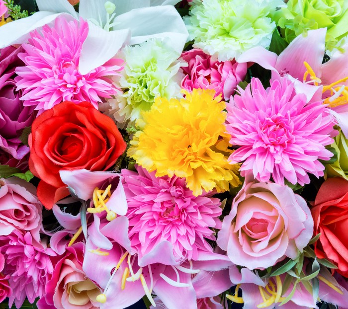 Close-up of a colorful bouquet of artificial flowers
