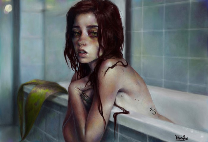 Painting Art of a Brown-haired Woman in a Bathroom