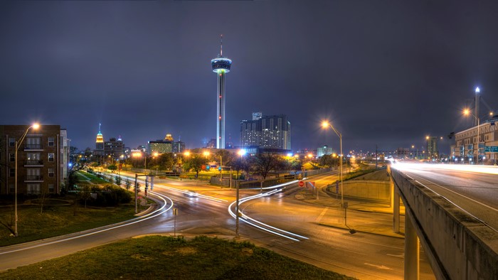 San Antonio skyline at night with Tower of the Americas