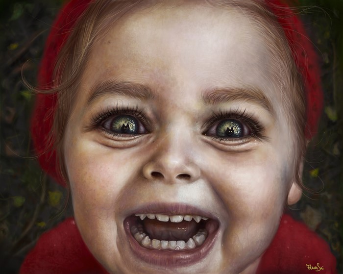 Little girl with reflection of wolves in eyes
