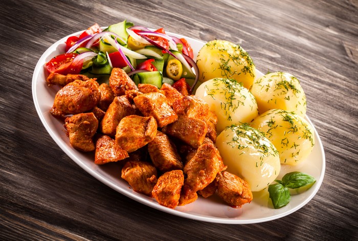 4K Plate of Roasted Meat, Potatoes, and Fresh Salad