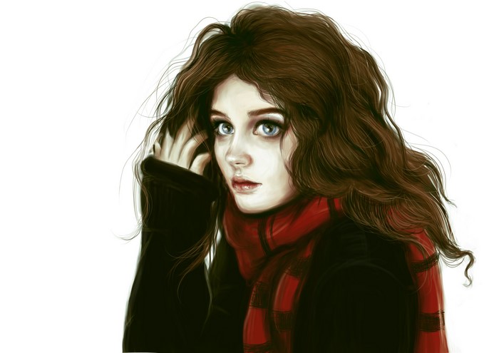 Painting of a brown-haired girl with blue eyes and a red scarf