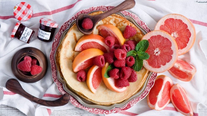 Pancakes with Raspberries, Grapefruit, and Jam