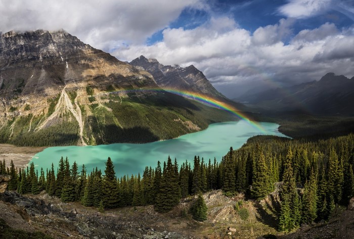 Turquoise Lake and Mountains with Rainbow in Canada