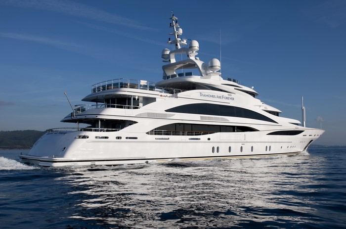 White yacht 'Diamonds Are Forever' sailing on the sea