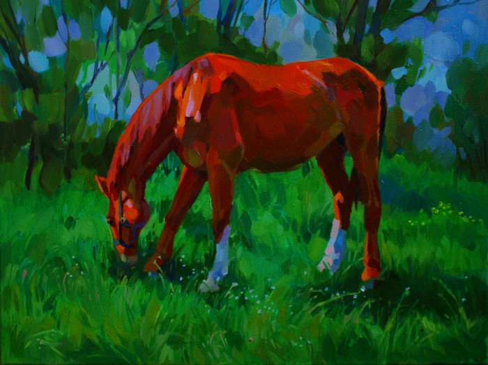 Painting of a brown horse grazing in a grassy field