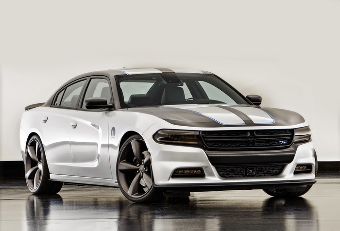 White Dodge Charger with racing stripes