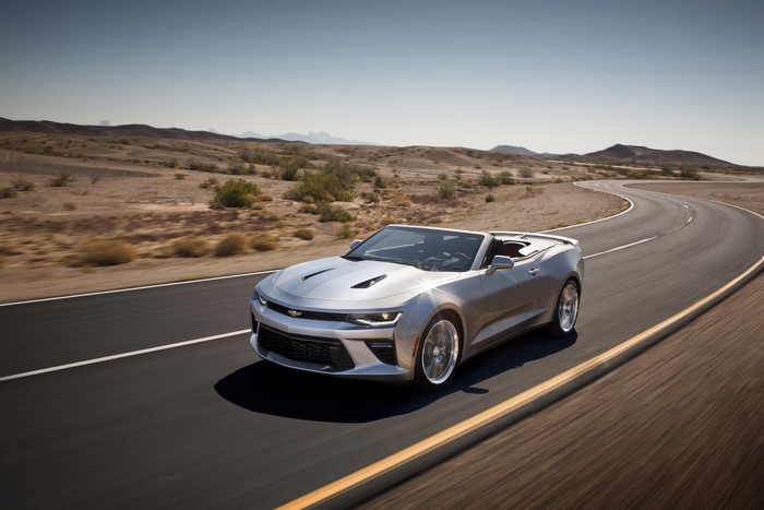 Silver 2016 Chevrolet Camaro Convertible on Desert Road
