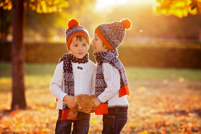 Two boys in winter hats and sweaters in autumn park