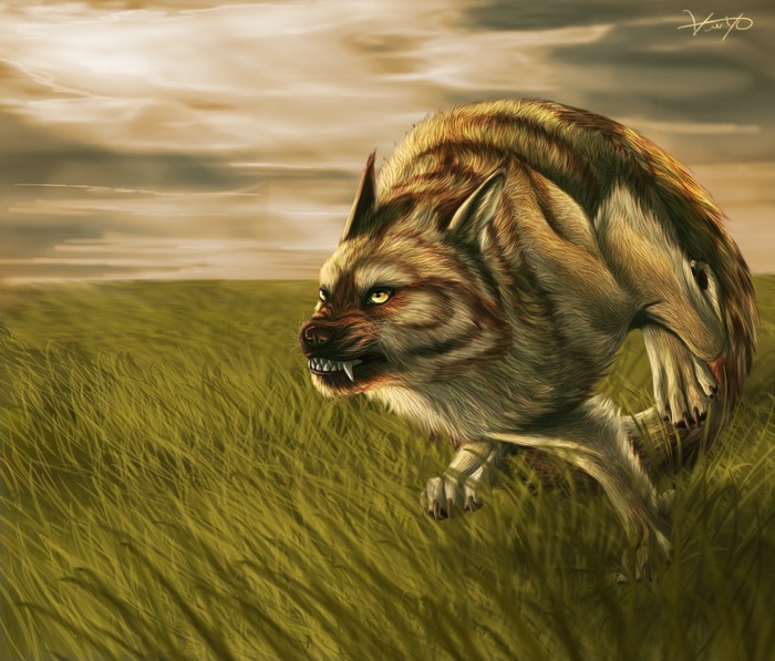 Painting of a hyena running through tall grass