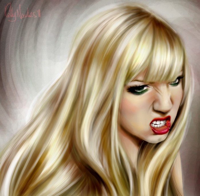 Painting of a blonde girl with green eyes and red lipstick