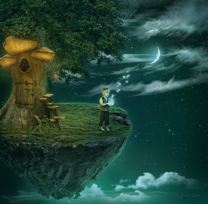 Boy with jar of stars on floating island at night