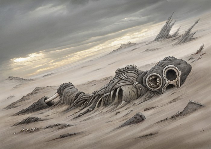 Giant robot skeleton buried in desert sand