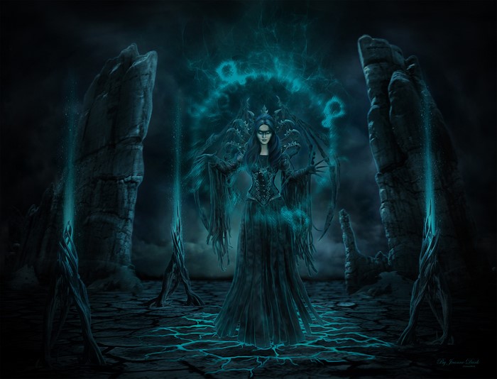 Sorceress casting magic in a mystical landscape