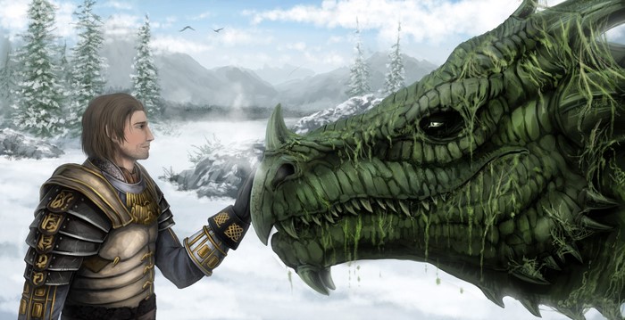Man in Armor Touching a Moss-Covered Dragon in Snowy Landscape