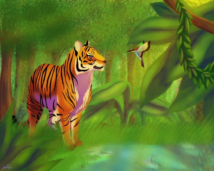 Tiger and Bird in Jungle Painting