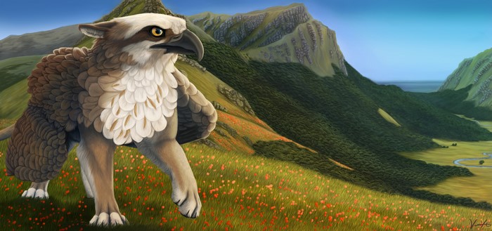 Gryphon in a mountain valley with flowers